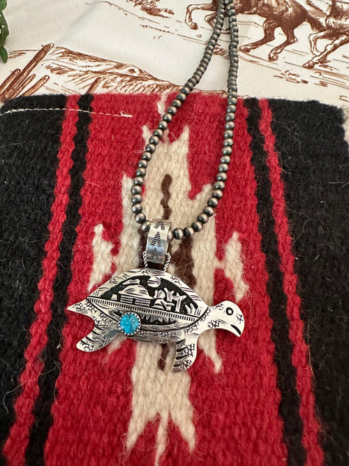 Navajo Turquoise & Sterling Silver Turtle Pendant Signed Richard Singer