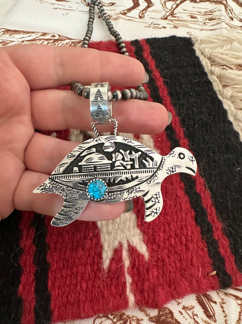 Navajo Turquoise & Sterling Silver Turtle Pendant Signed Richard Singer