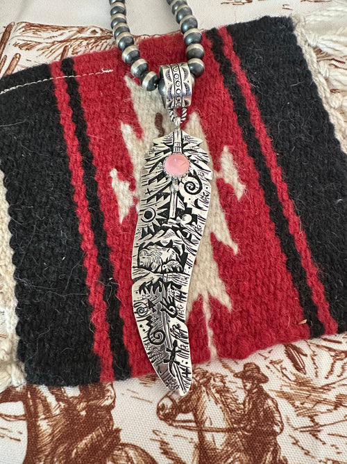 Navajo Pink Conch & Sterling Silver Feather Pendant Signed Richard Singer