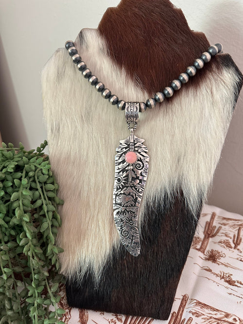 Navajo Pink Conch & Sterling Silver Feather Pendant Signed Richard Singer