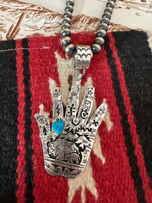 Navajo Turquoise & Sterling Silver Hand Pendant Signed Richard Singer