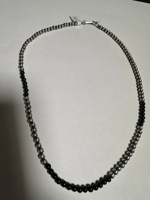 Navajo Pearl Sterling Silver & Black Onyx Beaded Necklace