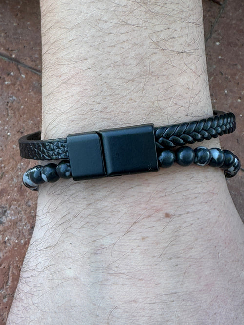 Snowflake Obsidian beaded triple wrap leather and Cross bracelet