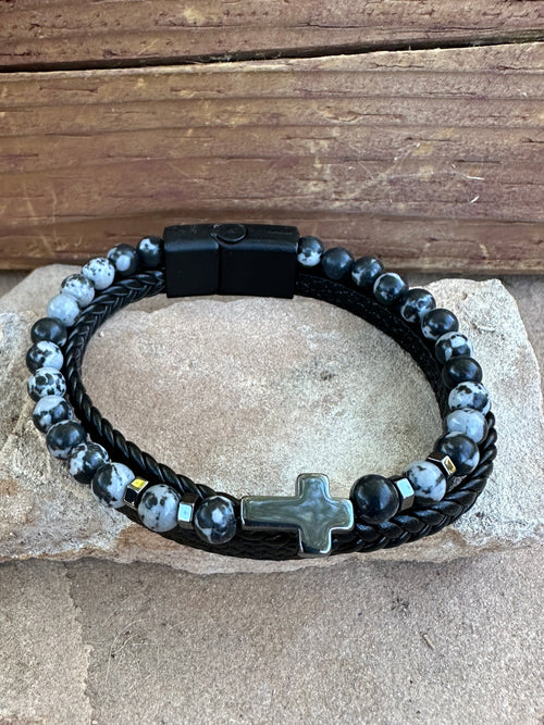 Snowflake Obsidian beaded triple wrap leather and Cross bracelet