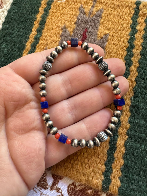 Handmade Lapis, Coral & Sterling Silver Beaded Stretch Bracelet