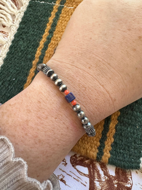 Handmade Lapis, Coral & Sterling Silver Beaded Stretch Bracelet