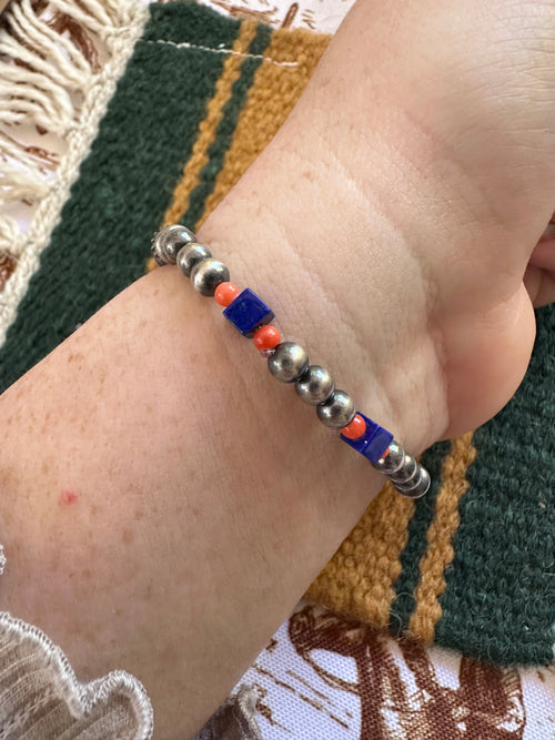 Handmade Lapis, Coral & Sterling Silver Beaded Stretch Bracelet