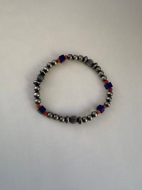 Handmade Lapis, Coral & Sterling Silver Beaded Stretch Bracelet