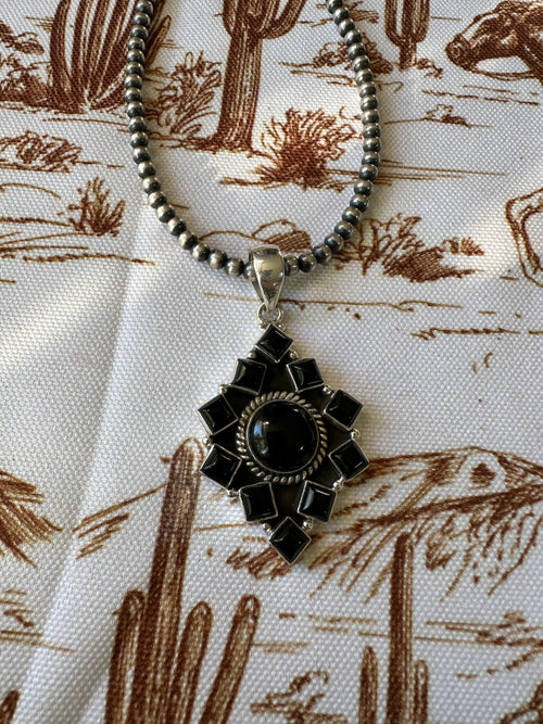 Handmade Sterling Silver &  Black Onyx Pendant Signed Nizhoni