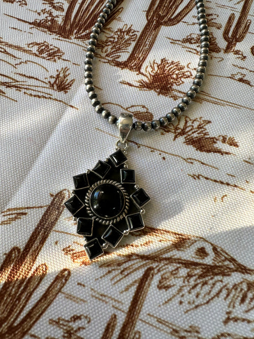 Handmade Sterling Silver &  Black Onyx Pendant Signed Nizhoni