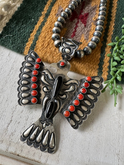 Beautiful Navajo Sterling Silver, Coral & Onyx Thunderbird Pendant Signed