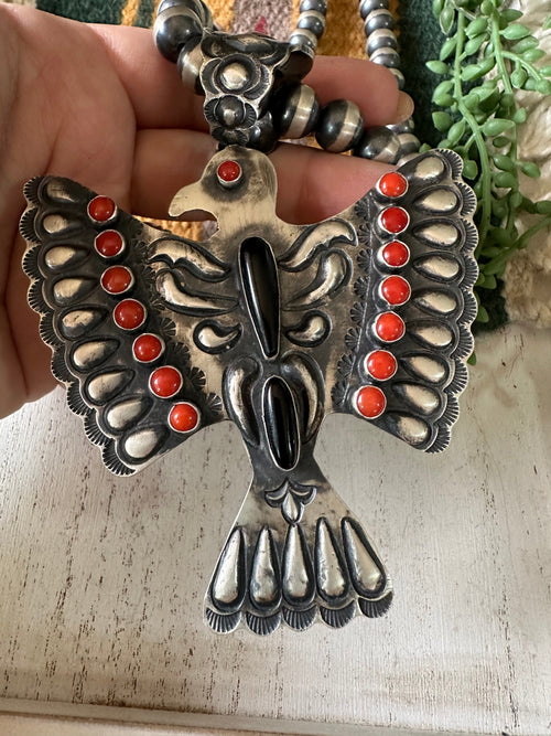 Beautiful Navajo Sterling Silver, Coral & Onyx Thunderbird Pendant Signed