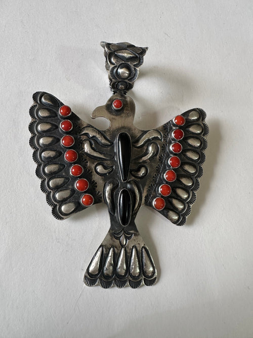 Beautiful Navajo Sterling Silver, Coral & Onyx Thunderbird Pendant Signed