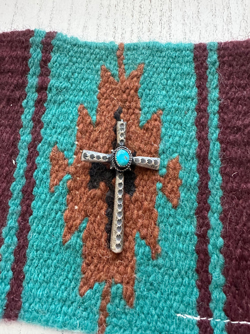 Beautiful Navajo Turquoise & Sterling Silver Cross Pendant Signed Richard Yazzie