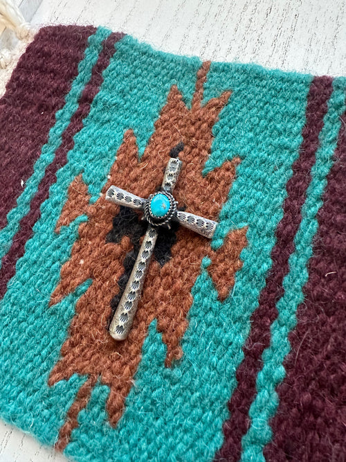 Beautiful Navajo Turquoise & Sterling Silver Cross Pendant Signed Richard Yazzie