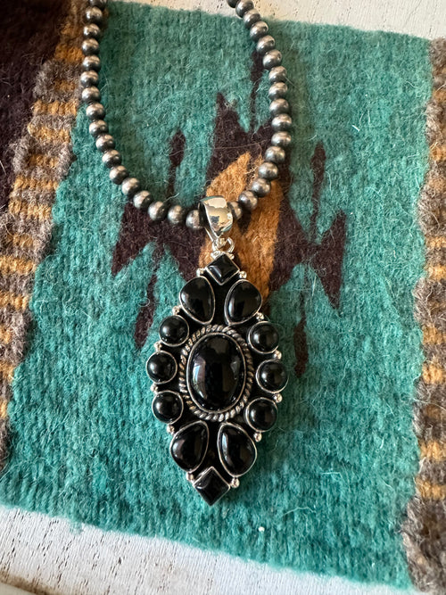 Handmade Sterling Silver &  Black Onyx Pendant Signed Nizhoni