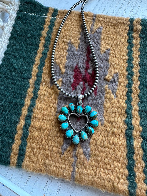 Handmade Turquoise & Sterling Silver Heart Pendant Signed Nizhoni