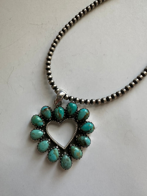 Handmade Turquoise & Sterling Silver Heart Pendant Signed Nizhoni