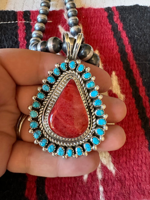 Navajo Sterling Silver Spiny Oyster And Turquoise Pendant Signed