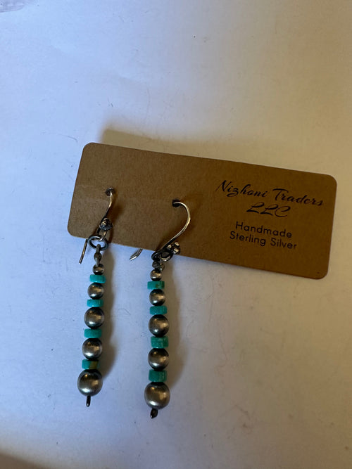 Nizhoni’s Handmade Sterling Silver & Turquoise Navajo Pearl Style Dangle Earrings 2”