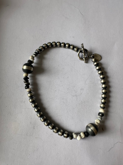 Navajo White Buffalo & Sterling Silver Pearl Beaded Bracelet