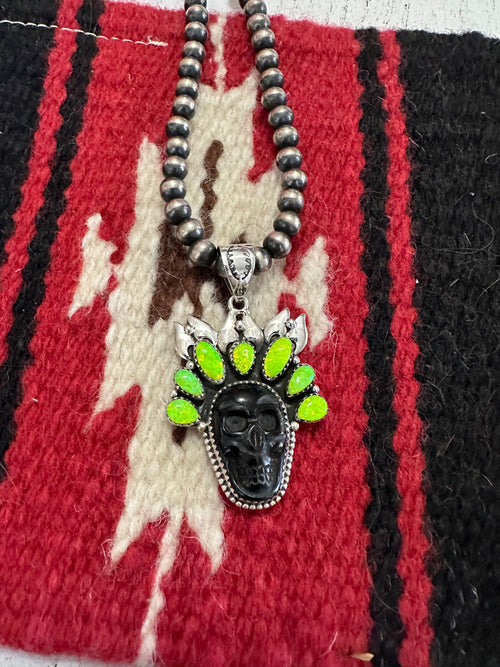 HALLOWEEN COLLECTION Nizhoni Green Fire Opal & Sterling Silver Skull Pendant