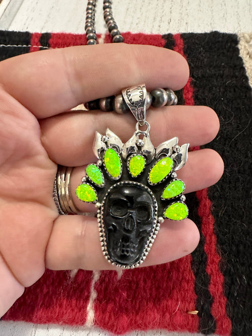 HALLOWEEN COLLECTION Nizhoni Green Fire Opal & Sterling Silver Skull Pendant