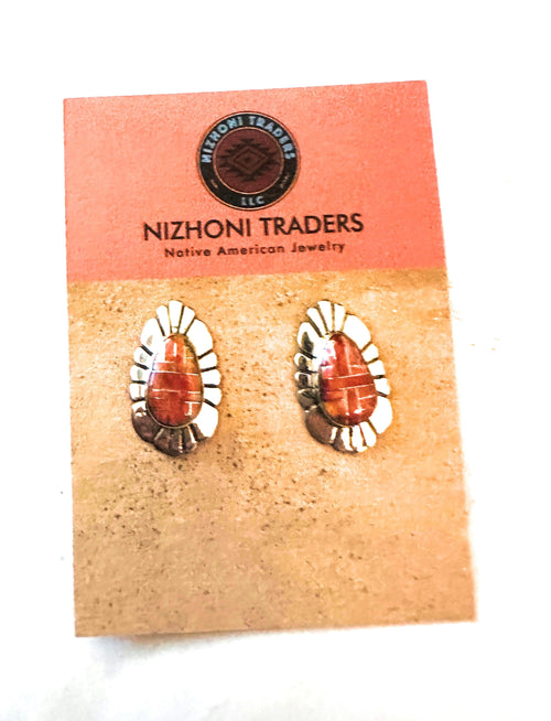 Vintage Old Pawn Navajo Sterling Silver & Spiny Inlay Post Earrings