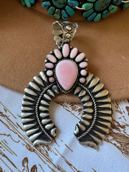 Navajo Queen Pink Conch & Sterling Silver Naja Pendant Signed Shawn C