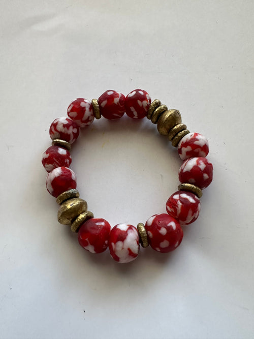 Handmade Recycled Glass Beaded Stretch Bracelet RED & WHITE