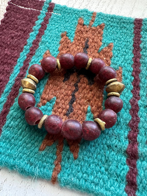 Handmade Recycled Glass Beaded Stretch Bracelet CRANBERRY