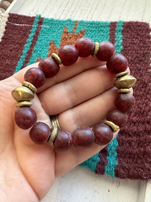 Handmade Recycled Glass Beaded Stretch Bracelet CRANBERRY