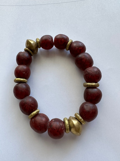 Handmade Recycled Glass Beaded Stretch Bracelet CRANBERRY