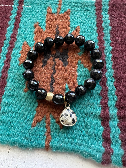 Handmade Beaded Stretch Bracelet Onyx Dalmatian Jasper