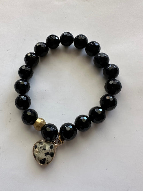 Handmade Beaded Stretch Bracelet Onyx Dalmatian Jasper