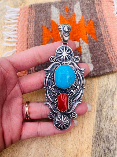 Navajo Sterling Silver, Kingman Turquoise & Coral Pendant Signed