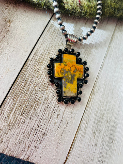 Handmade Sterling Silver, Onyx & Bumblebee Jasper Cross Pendant