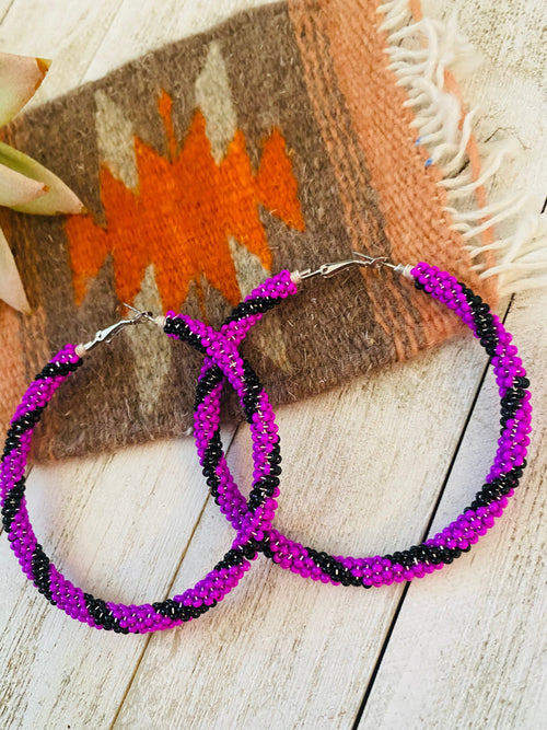 Navajo Handmade Beaded Hoop Earrings- purple