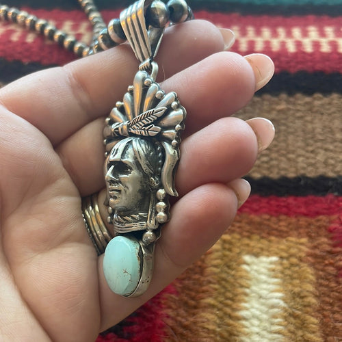 Beautiful Navajo Sterling Silver & Turquoise Chief Pendant Signed Russell Sam