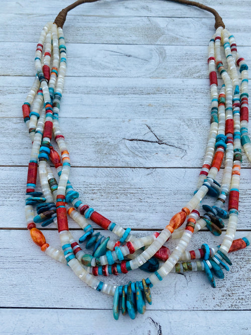 Navajo Mother of Pearl, Turquoise and Spiny Five Strand Beaded Necklace