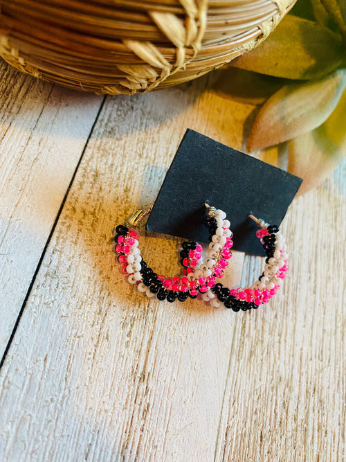 Navajo Handmade Beaded Hoop Earrings- pink