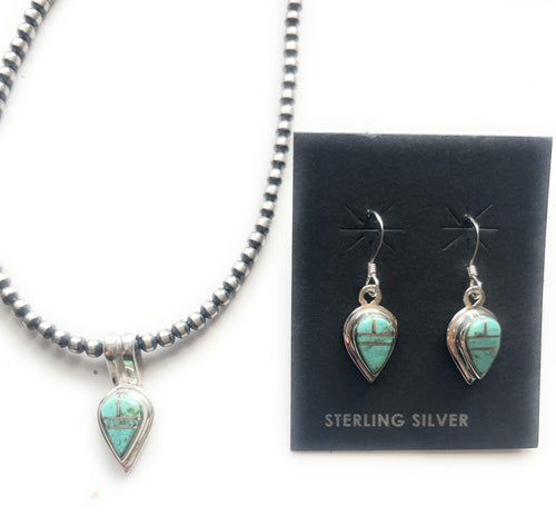 Navajo Number 8 Turquoise And Sterling Silver Inlay Dangle Earrings Pendant Set