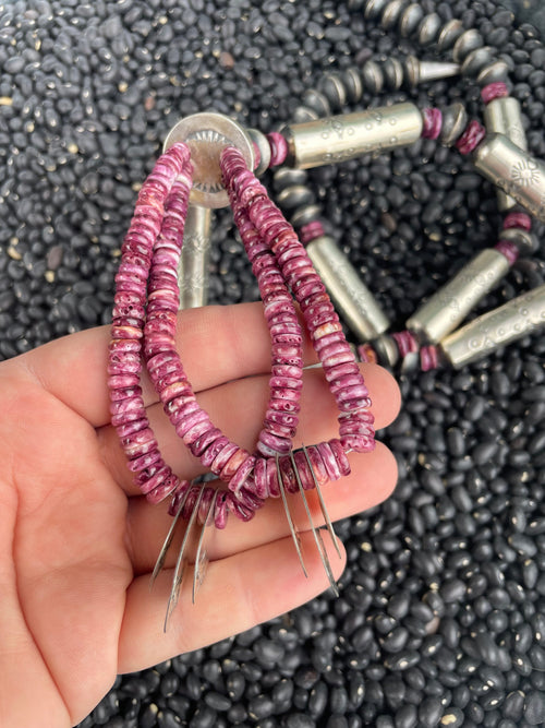 Navajo Purple Spiny Sterling Silver Beaded Necklace Earrings Set