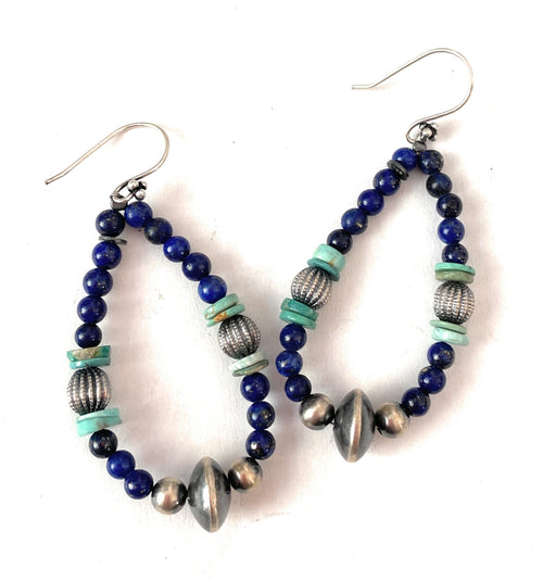 Handmade Turquoise, Lapis And Sterling Silver Beaded Dangle Earrings