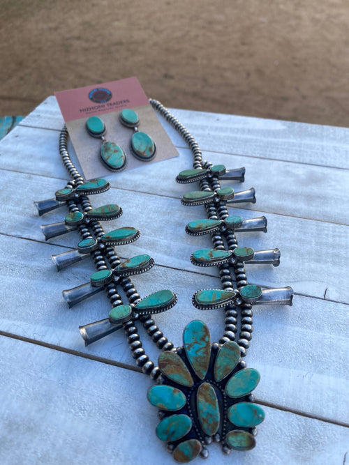 Navajo Sterling Silver & Royston Turquoise Squash Necklace Set Signed