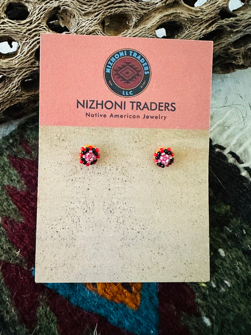 Navajo Handmade Beaded Stud Earrings- pink