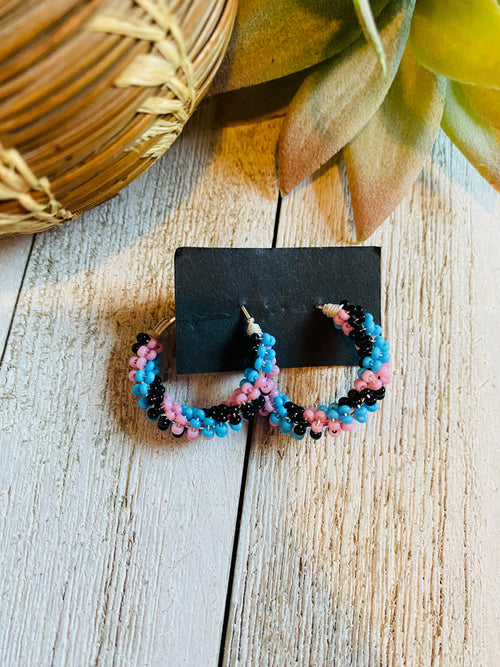 Navajo Handmade Beaded Hoop Earrings- Lt blue, pink