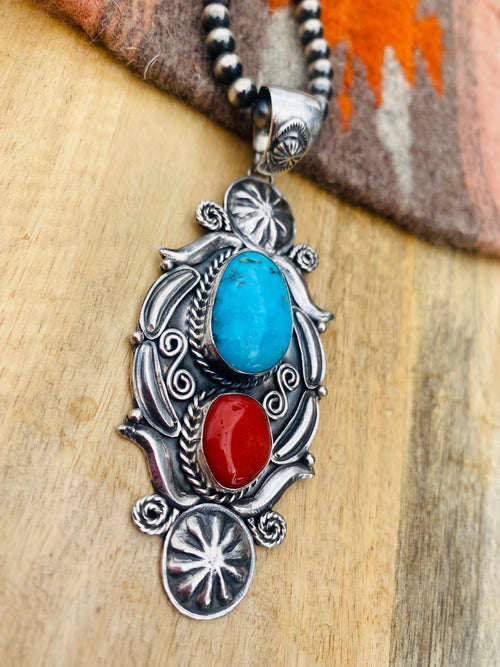 Navajo Sterling Silver, Kingman Turquoise & Coral Pendant Signed