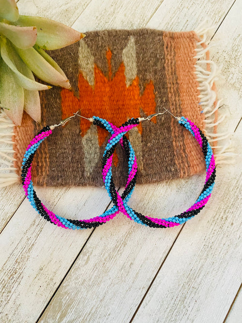 Navajo Handmade Beaded Hoop Earrings- pink/blue