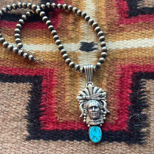 Beautiful Navajo Sterling Silver & Turquoise Chief Pendant Signed Russell Sam